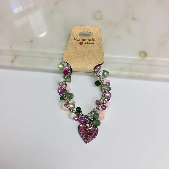 Colorful Beaded Bracelet with Heart Pendant - Picture 3 of 3
